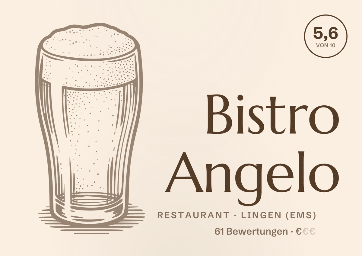 Illustriertes Poster von Bistro Angelo, Restaurant in Lingen (Ems): Bewertung 5,6 von 10 aus 61 Bewertungen, Preisniveau €