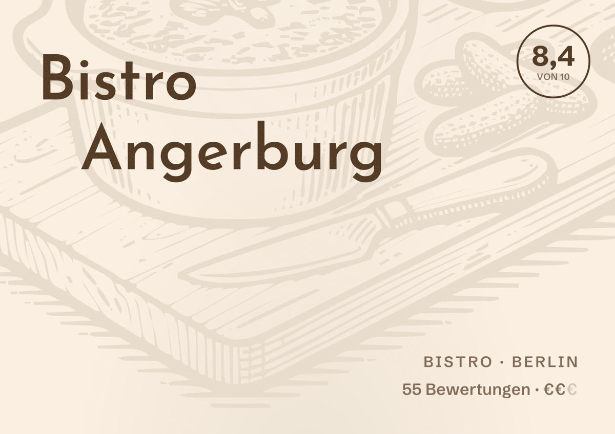 Illustriertes Poster von Bistro Angerburg, Bistro in Berlin: Bewertung 8,4 von 10 aus 55 Bewertungen, Preisniveau €€