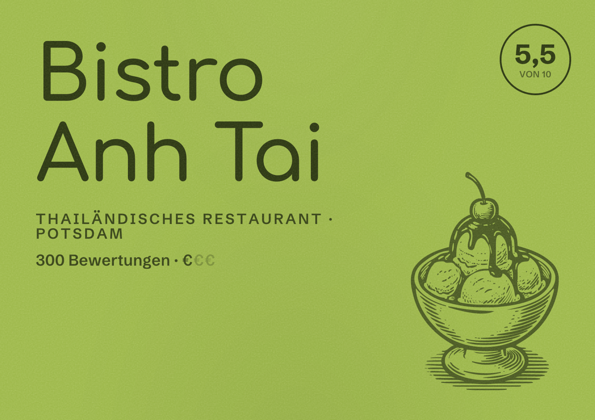 Illustriertes Poster von Bistro Anh Tai, Thailändisches Restaurant in Potsdam: Bewertung 5,5 von 10 aus 300 Bewertungen, Preisniveau €