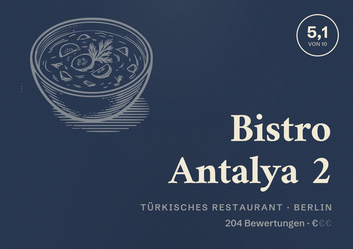 Illustriertes Poster von Bistro Antalya 2, Türkisches Restaurant in Berlin: Bewertung 5,1 von 10 aus 204 Bewertungen, Preisniveau €