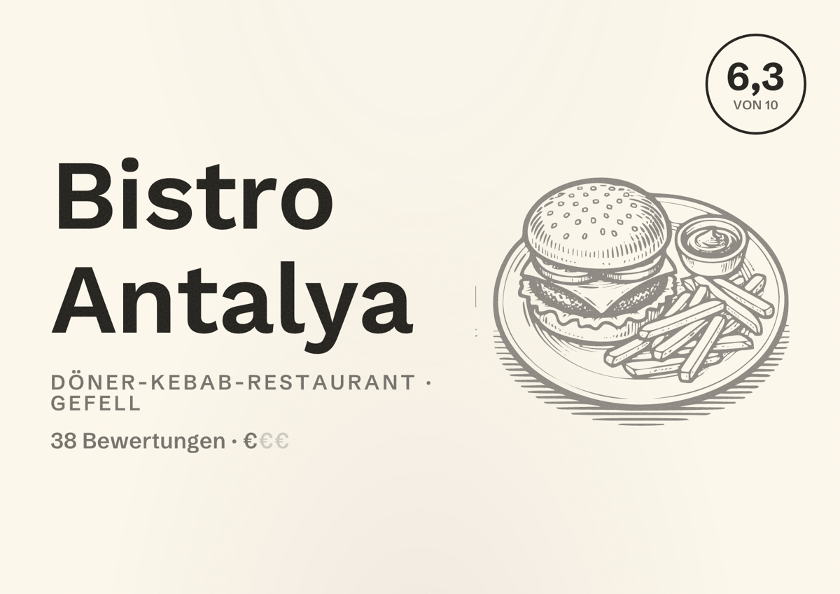 Illustriertes Poster von Bistro Antalya, Döner-Kebab-Restaurant in Gefell: Bewertung 6,3 von 10 aus 38 Bewertungen, Preisniveau €