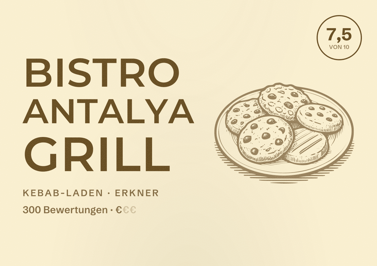 Illustriertes Poster von Bistro Antalya Grill, Kebab-Laden in Erkner: Bewertung 7,5 von 10 aus 300 Bewertungen, Preisniveau €