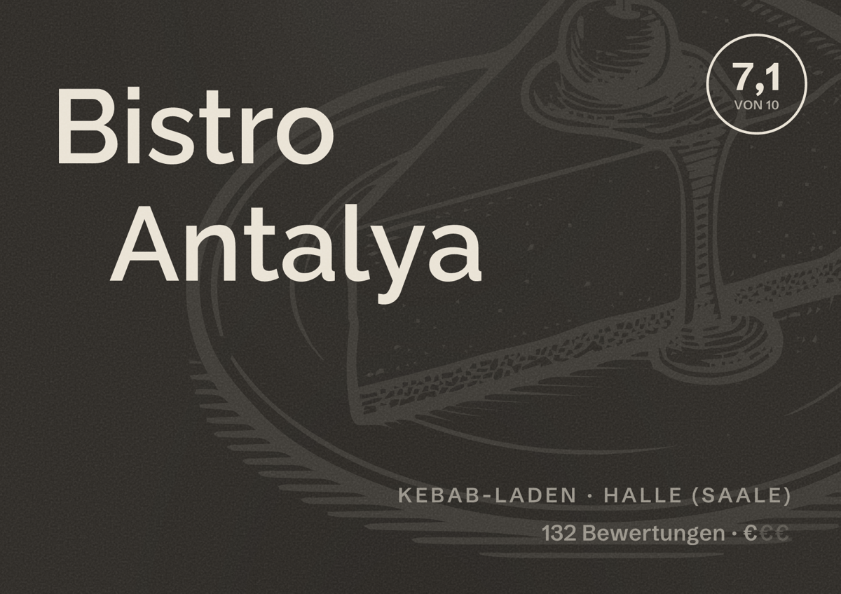 Illustriertes Poster von Bistro Antalya, Kebab-Laden in Halle (Saale): Bewertung 7,1 von 10 aus 132 Bewertungen, Preisniveau €