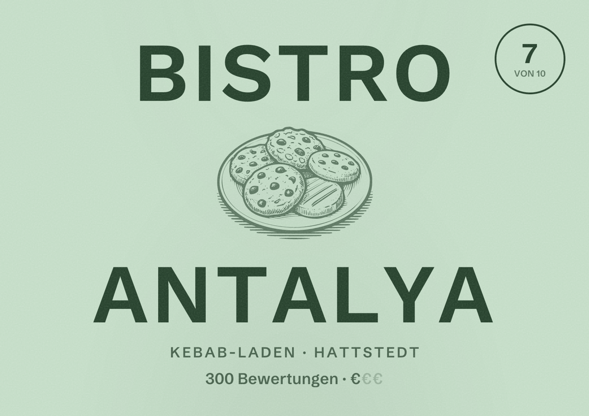 Illustriertes Poster von Bistro Antalya, Kebab-Laden in Hattstedt: Bewertung 7 von 10 aus 300 Bewertungen, Preisniveau €
