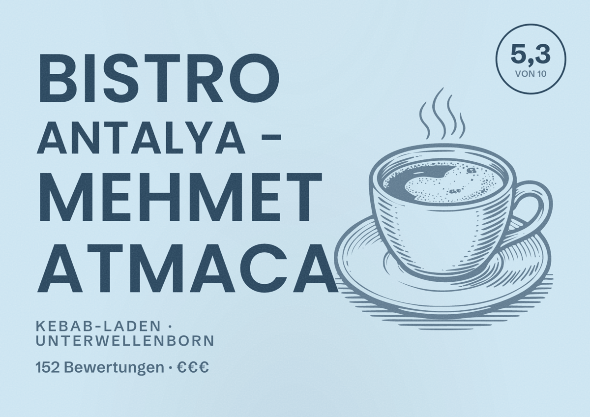 Illustriertes Poster von Bistro Antalya - Mehmet Atmaca, Kebab-Laden in Unterwellenborn: Bewertung 5,3 von 10 aus 152 Bewertungen, Preisniveau €€€