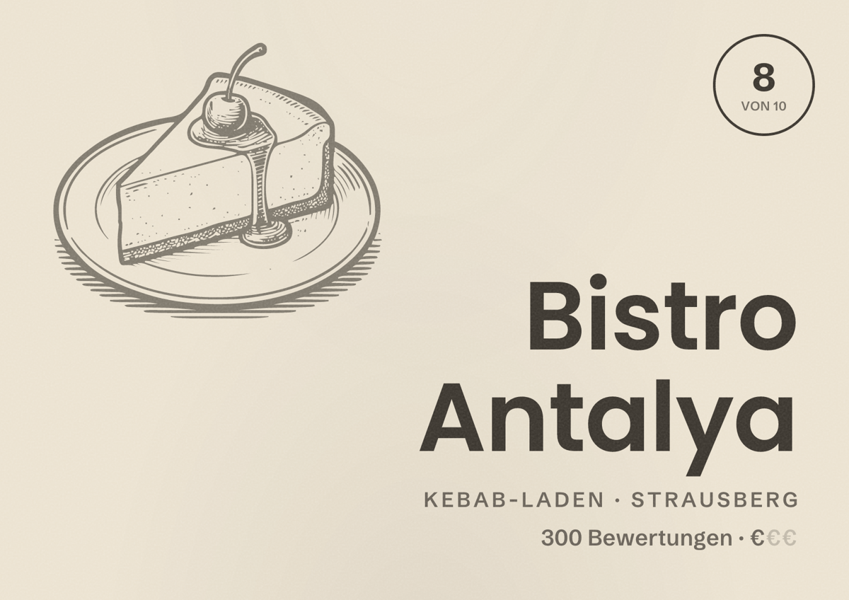 Illustriertes Poster von Bistro Antalya, Kebab-Laden in Strausberg: Bewertung 8 von 10 aus 300 Bewertungen, Preisniveau €