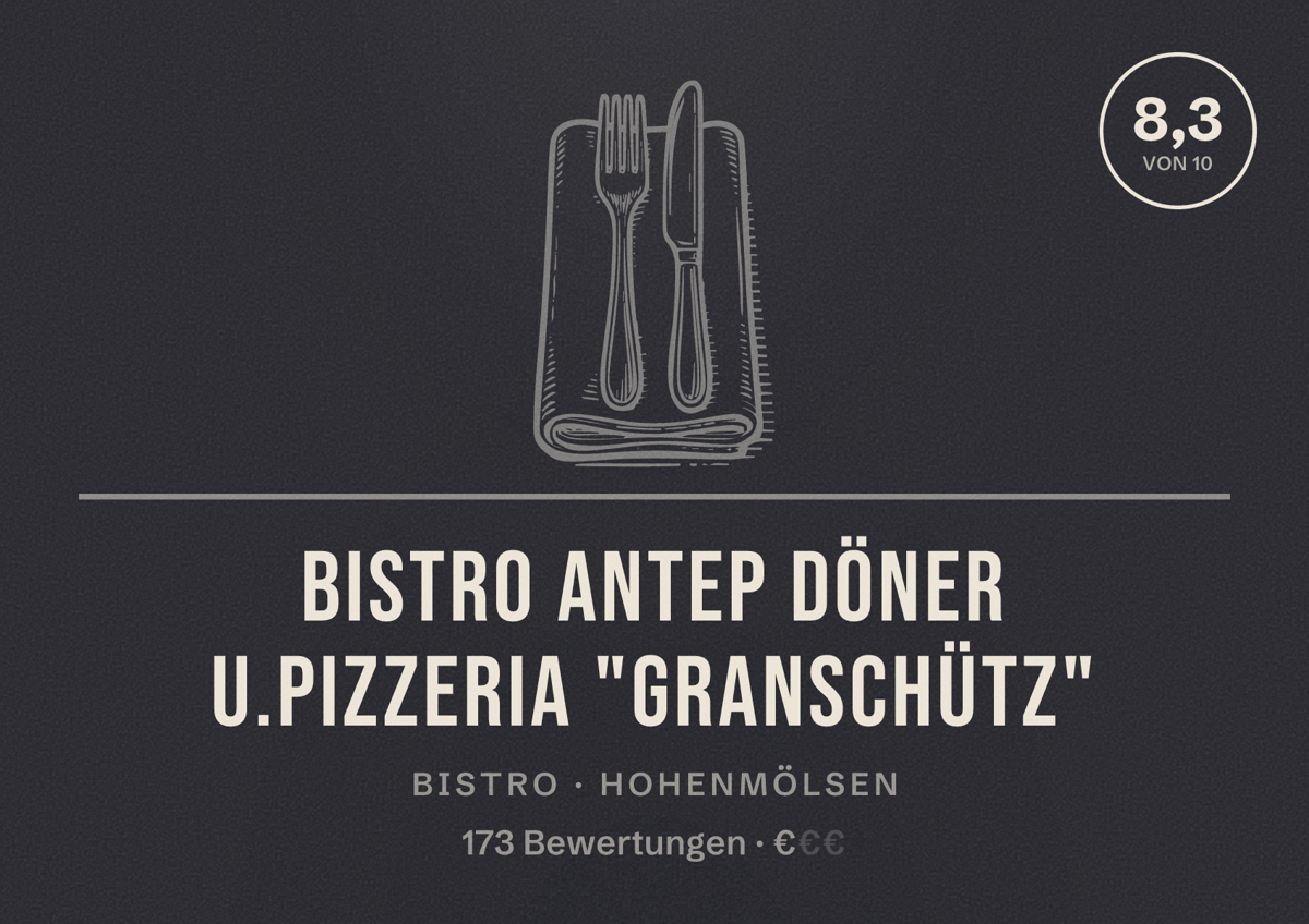 Illustriertes Poster von Bistro Antep Döner u.Pizzeria "Granschütz", Bistro in Hohenmölsen: Bewertung 8,3 von 10 aus 173 Bewertungen, Preisniveau €