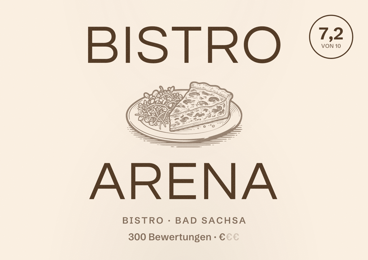 Illustriertes Poster von Bistro Arena, Bistro in Bad Sachsa: Bewertung 7,2 von 10 aus 300 Bewertungen, Preisniveau €