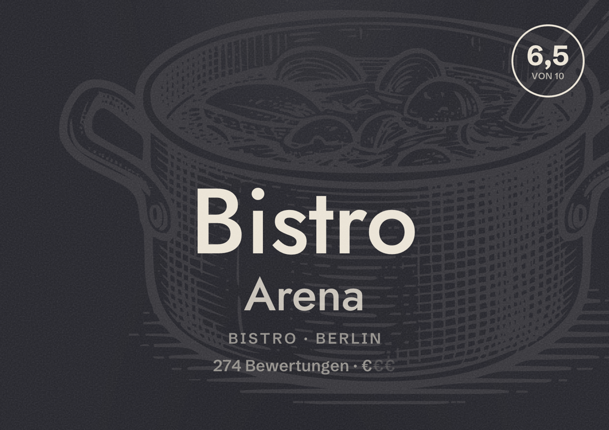 Illustriertes Poster von Bistro Arena, Bistro in Berlin: Bewertung 6,5 von 10 aus 274 Bewertungen, Preisniveau €