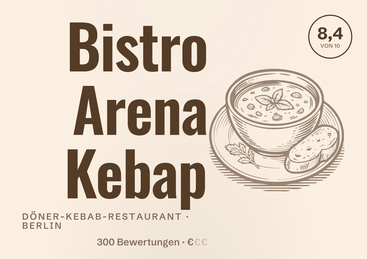 Illustriertes Poster von Bistro Arena Kebap, Döner-Kebab-Restaurant in Berlin: Bewertung 8,4 von 10 aus 300 Bewertungen, Preisniveau €