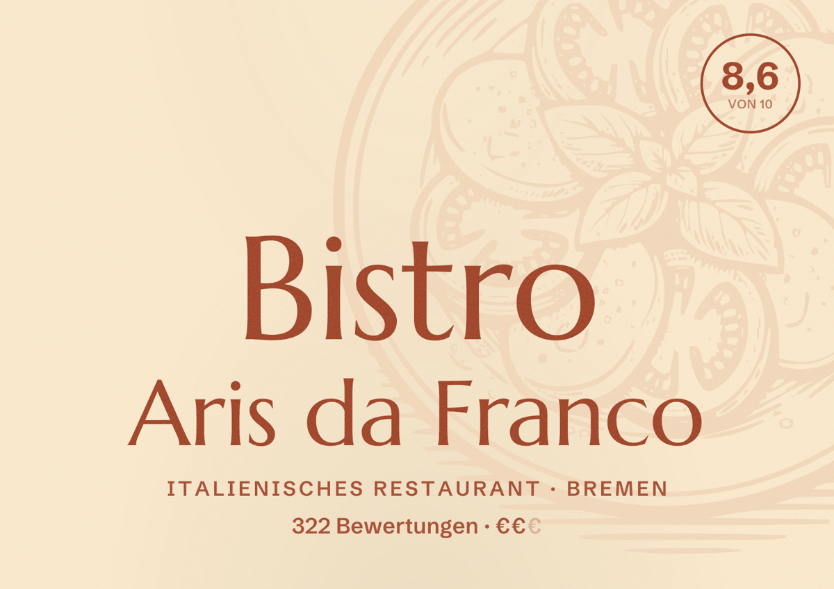 Illustriertes Poster von Bistro Aris da Franco, Italienisches Restaurant in Bremen: Bewertung 8,6 von 10 aus 322 Bewertungen, Preisniveau €€