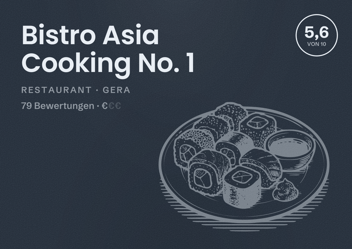 Illustriertes Poster von Bistro Asia Cooking No. 1, Restaurant in Gera: Bewertung 5,6 von 10 aus 79 Bewertungen, Preisniveau €