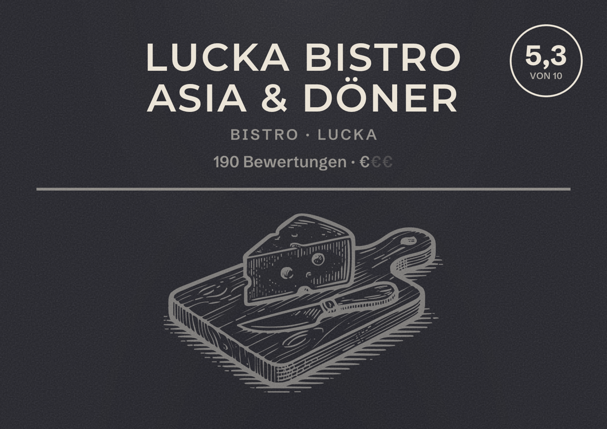Illustriertes Poster von Lucka Bistro Asia & Döner, Bistro in Lucka: Bewertung 5,3 von 10 aus 190 Bewertungen, Preisniveau €