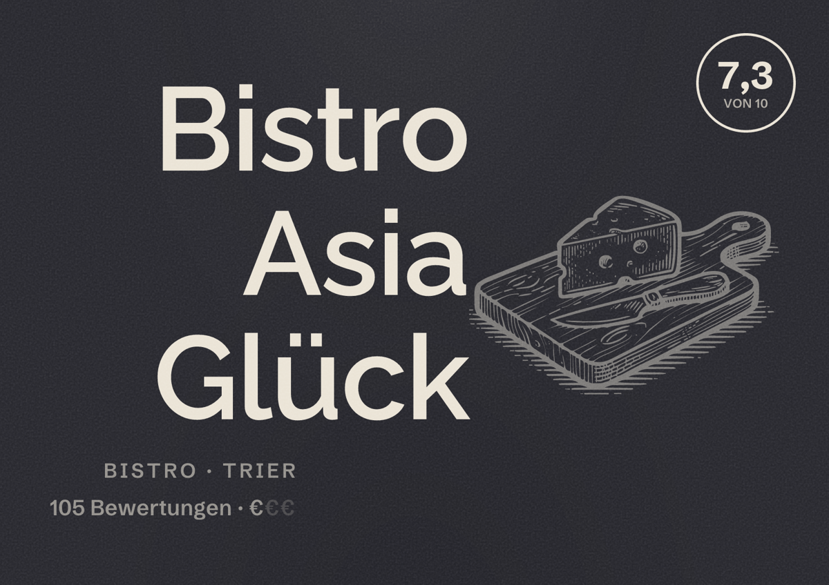 Illustriertes Poster von Bistro Asia Glück, Bistro in Trier: Bewertung 7,3 von 10 aus 105 Bewertungen, Preisniveau €
