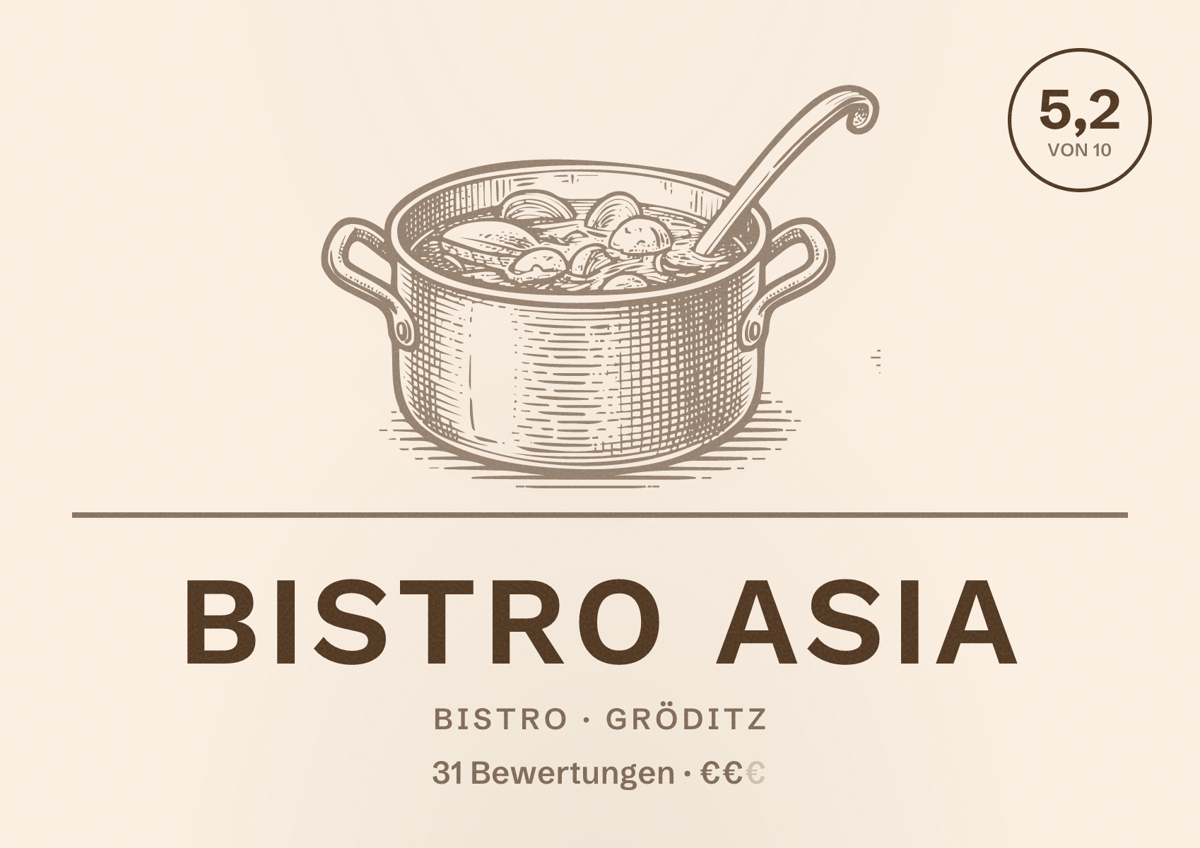 Illustriertes Poster von Bistro Asia, Bistro in Gröditz: Bewertung 5,2 von 10 aus 31 Bewertungen, Preisniveau €€