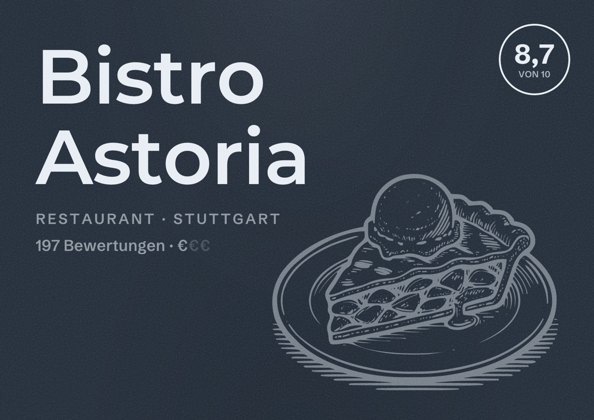 Illustriertes Poster von Bistro Astoria, Restaurant in Stuttgart: Bewertung 8,7 von 10 aus 197 Bewertungen, Preisniveau €