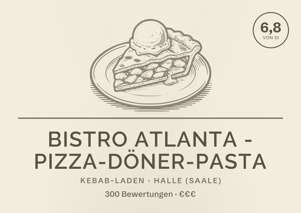 Illustriertes Poster von Bistro Atlanta - Pizza-Döner-Pasta, Kebab-Laden in Halle (Saale): Bewertung 6,8 von 10 aus 300 Bewertungen, Preisniveau €€€