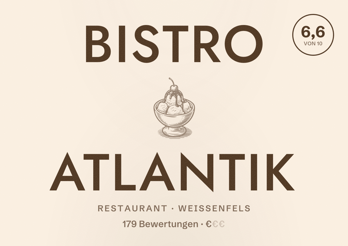 Illustriertes Poster von Bistro Atlantik, Restaurant in Weißenfels: Bewertung 6,6 von 10 aus 179 Bewertungen, Preisniveau €
