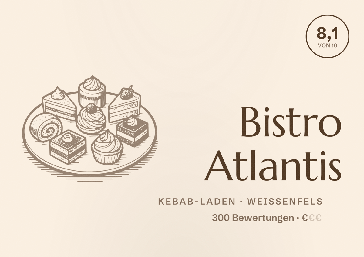 Illustriertes Poster von Bistro Atlantis, Kebab-Laden in Weißenfels: Bewertung 8,1 von 10 aus 300 Bewertungen, Preisniveau €