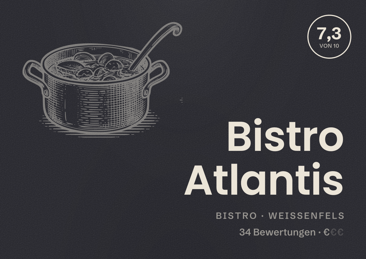 Illustriertes Poster von Bistro Atlantis, Bistro in Weißenfels: Bewertung 7,3 von 10 aus 34 Bewertungen, Preisniveau €