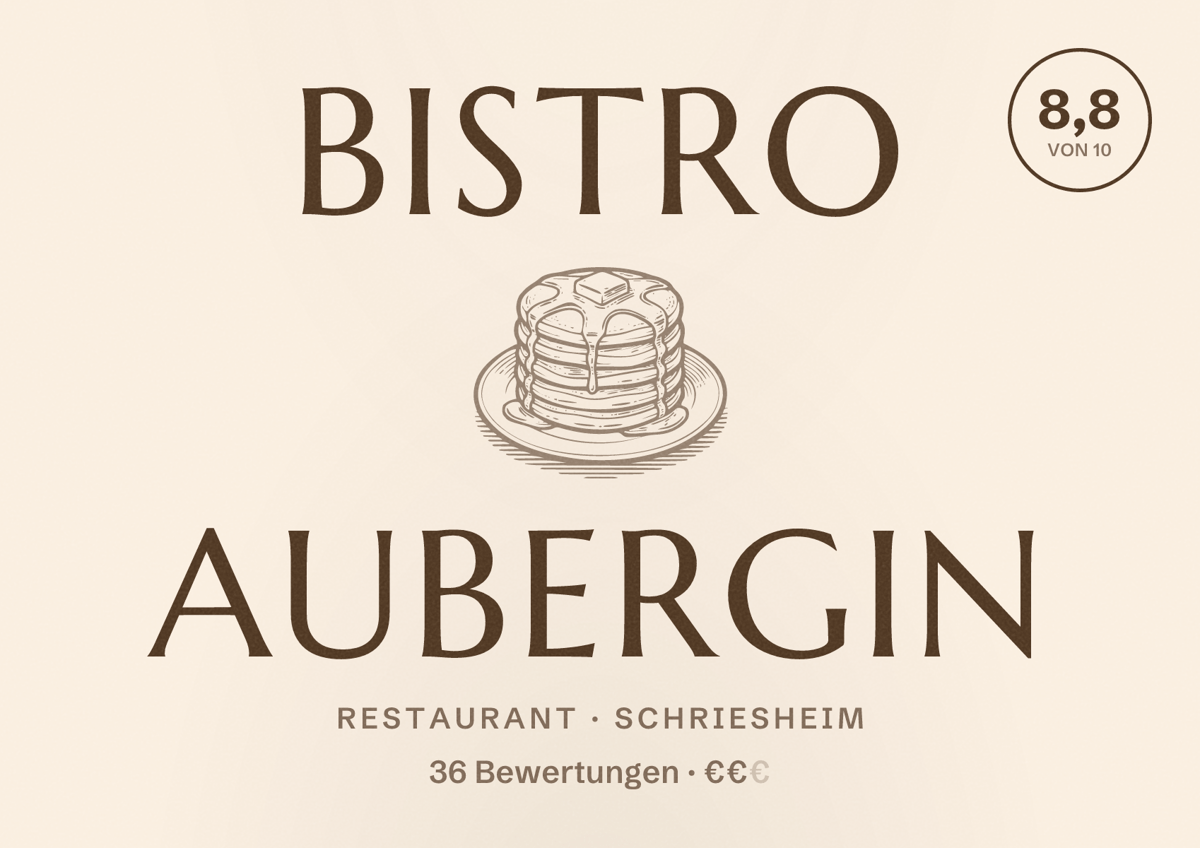 Illustriertes Poster von Bistro Aubergin, Restaurant in Schriesheim: Bewertung 8,8 von 10 aus 36 Bewertungen, Preisniveau €€