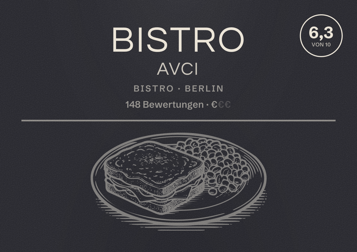 Illustriertes Poster von Bistro Avci, Bistro in Berlin: Bewertung 6,3 von 10 aus 148 Bewertungen, Preisniveau €