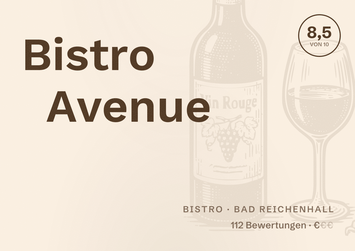Illustriertes Poster von Bistro Avenue, Bistro in Bad Reichenhall: Bewertung 8,5 von 10 aus 112 Bewertungen, Preisniveau €