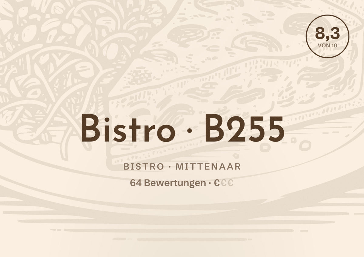 Illustriertes Poster von Bistro B255, Bistro in Mittenaar: Bewertung 8,3 von 10 aus 64 Bewertungen, Preisniveau €
