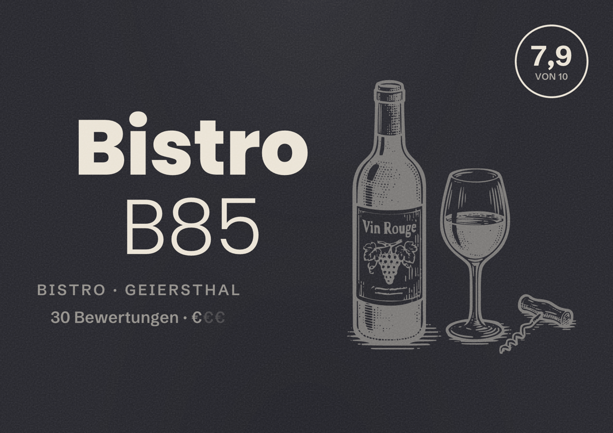 Illustriertes Poster von Bistro B85, Bistro in Geiersthal: Bewertung 7,9 von 10 aus 30 Bewertungen, Preisniveau €
