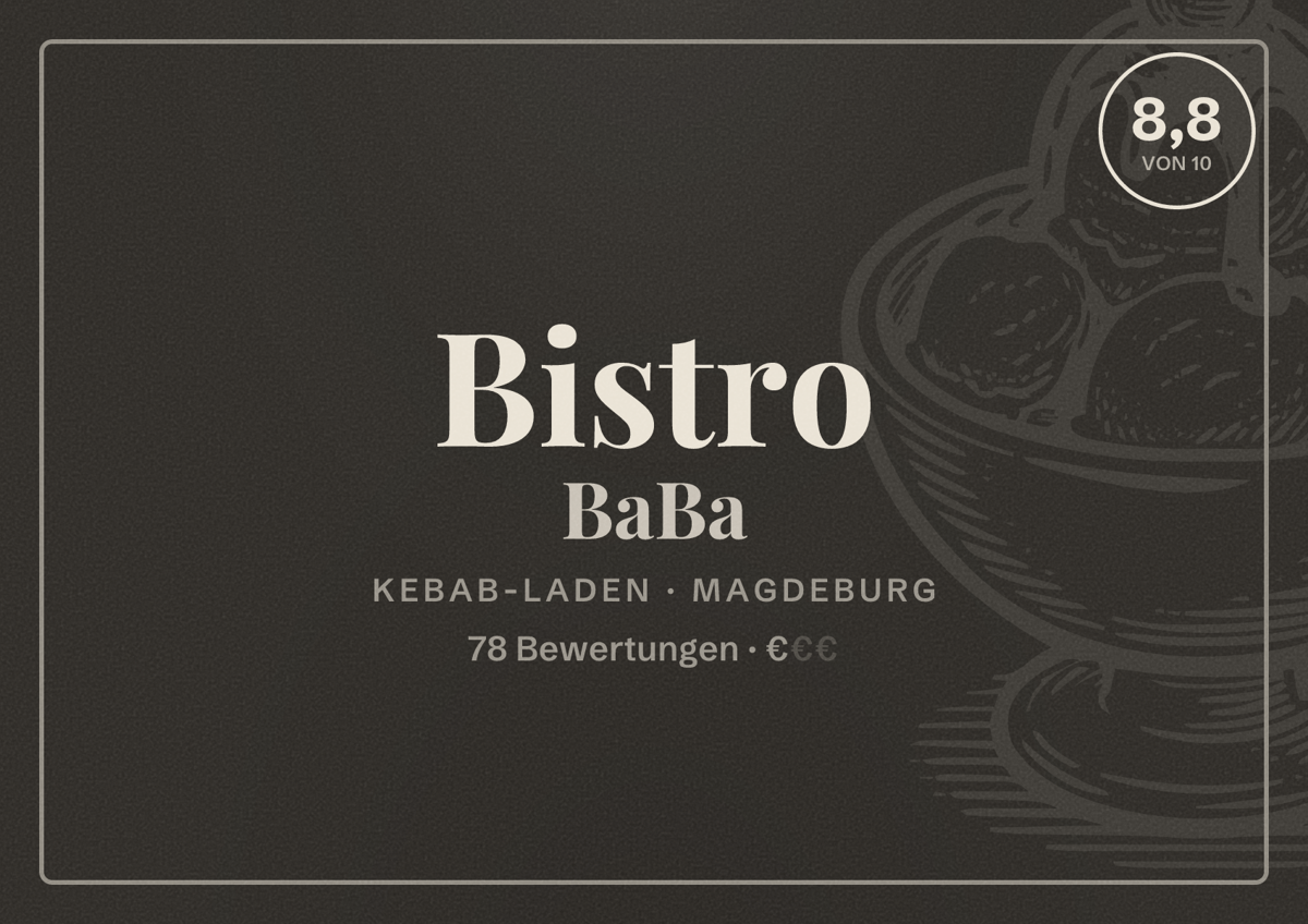 Illustriertes Poster von Bistro BaBa, Kebab-Laden in Magdeburg: Bewertung 8,8 von 10 aus 78 Bewertungen, Preisniveau €