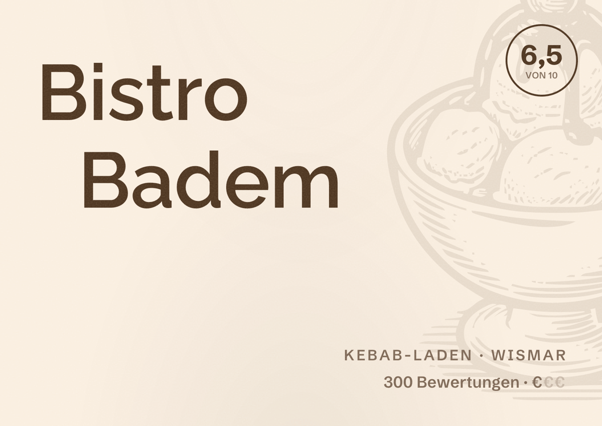 Illustriertes Poster von Bistro Badem, Kebab-Laden in Wismar: Bewertung 6,5 von 10 aus 300 Bewertungen, Preisniveau €