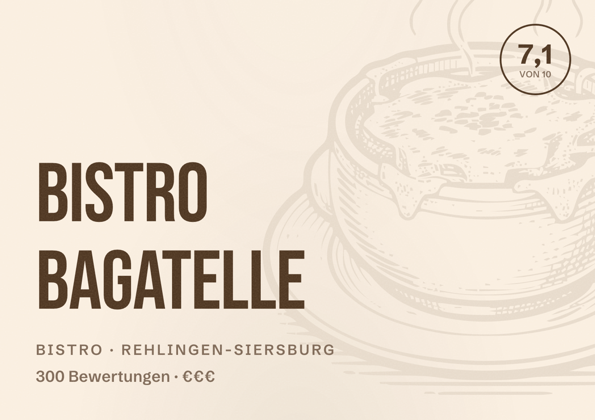Illustriertes Poster von Bistro Bagatelle, Bistro in Rehlingen-Siersburg: Bewertung 7,1 von 10 aus 300 Bewertungen, Preisniveau €€€