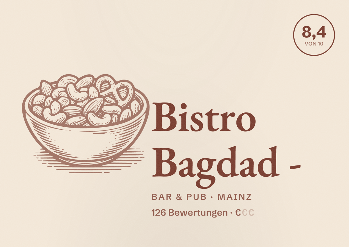 Illustriertes Poster von Bistro Bagdad -, Bar & Pub in Mainz: Bewertung 8,4 von 10 aus 126 Bewertungen, Preisniveau €