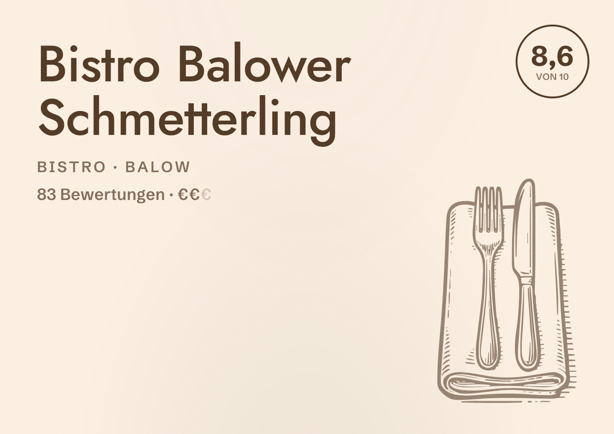 Illustriertes Poster von Bistro Balower Schmetterling, Bistro in Balow: Bewertung 8,6 von 10 aus 83 Bewertungen, Preisniveau €€