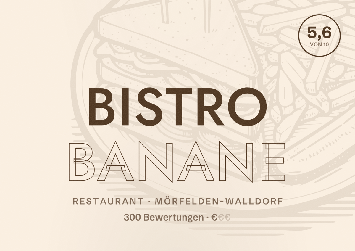 Illustriertes Poster von Bistro Banane, Restaurant in Mörfelden-Walldorf: Bewertung 5,6 von 10 aus 300 Bewertungen, Preisniveau €