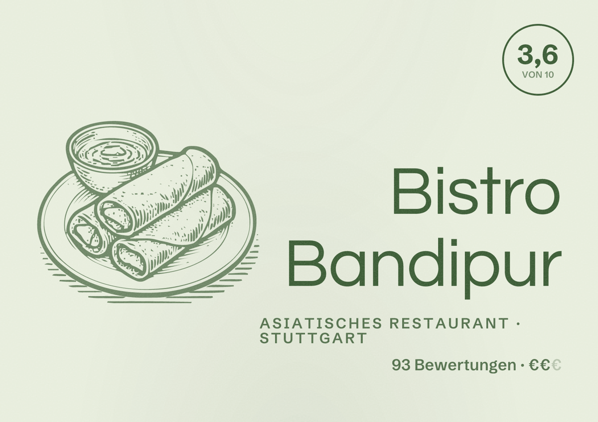 Illustriertes Poster von Bistro Bandipur, Asiatisches Restaurant in Stuttgart: Bewertung 3,6 von 10 aus 93 Bewertungen, Preisniveau €€