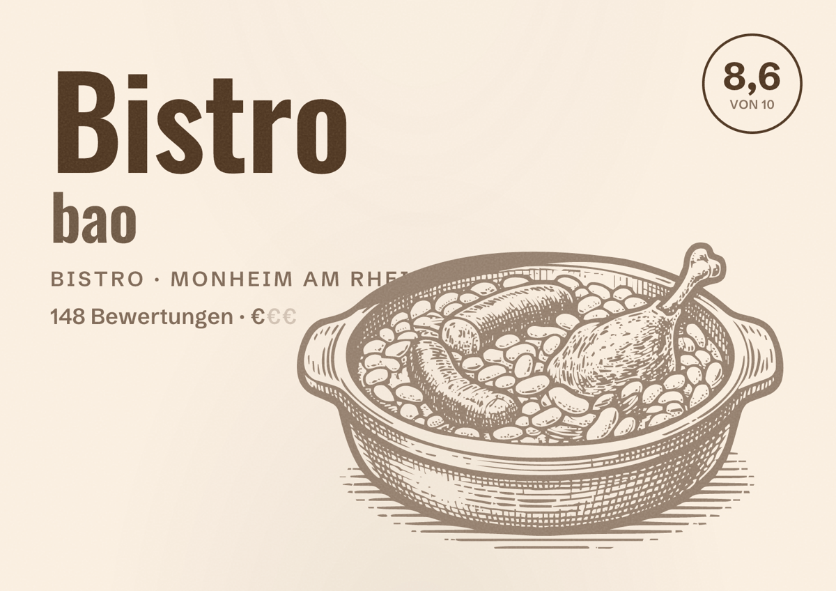 Illustriertes Poster von Bistro bao, Bistro in Monheim am Rhein: Bewertung 8,6 von 10 aus 148 Bewertungen, Preisniveau €