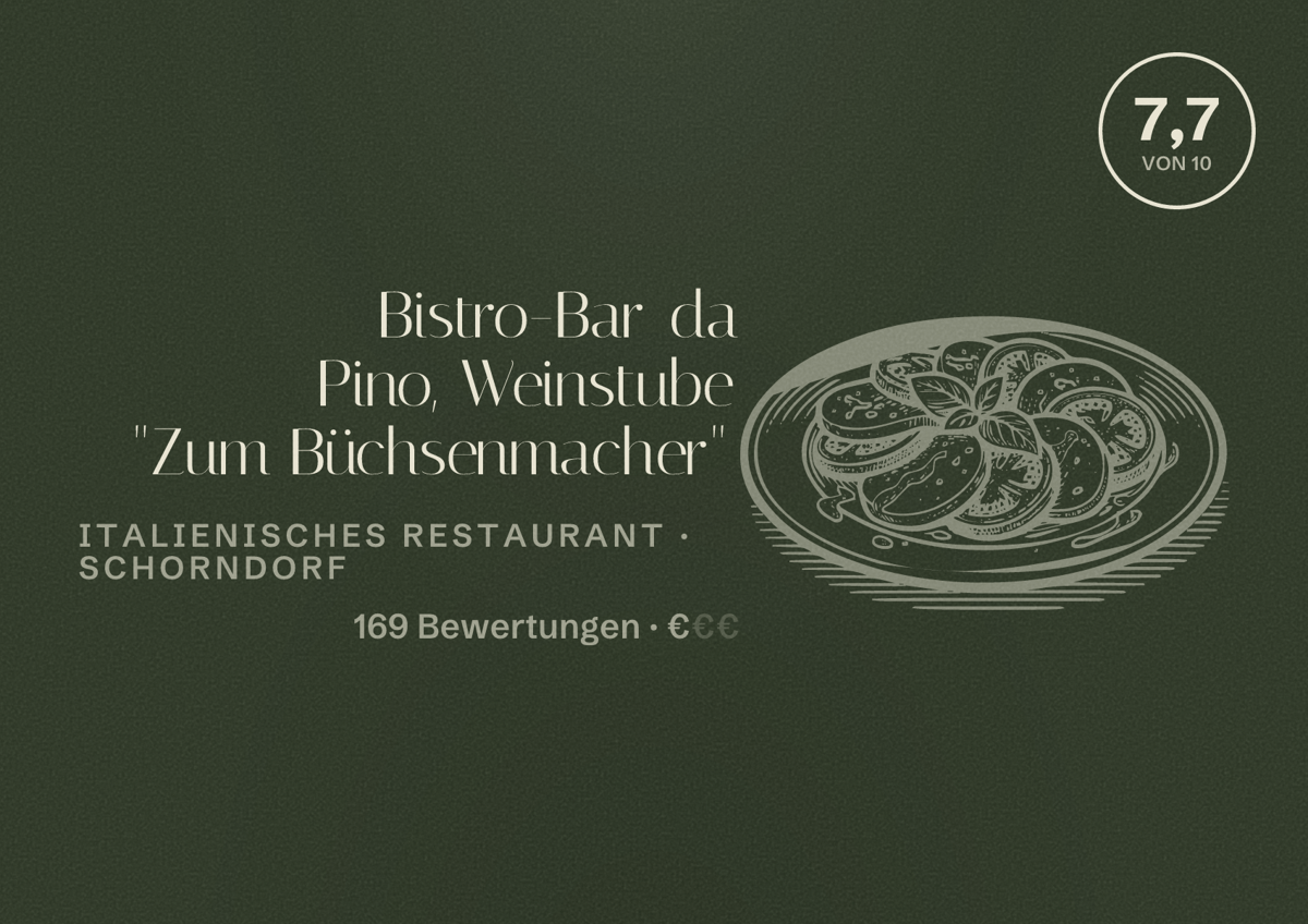 Illustriertes Poster von Bistro-Bar da Pino, Weinstube "Zum Büchsenmacher", Italienisches Restaurant in Schorndorf: Bewertung 7,7 von 10 aus 169 Bewertungen, Preisniveau €