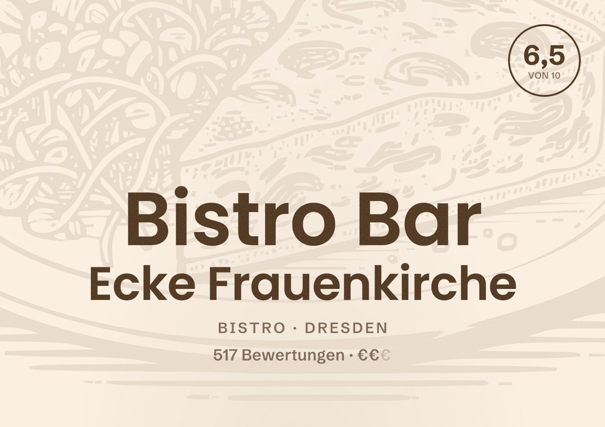 Illustriertes Poster von Bistro Bar Ecke Frauenkirche, Bistro in Dresden: Bewertung 6,5 von 10 aus 517 Bewertungen, Preisniveau €€