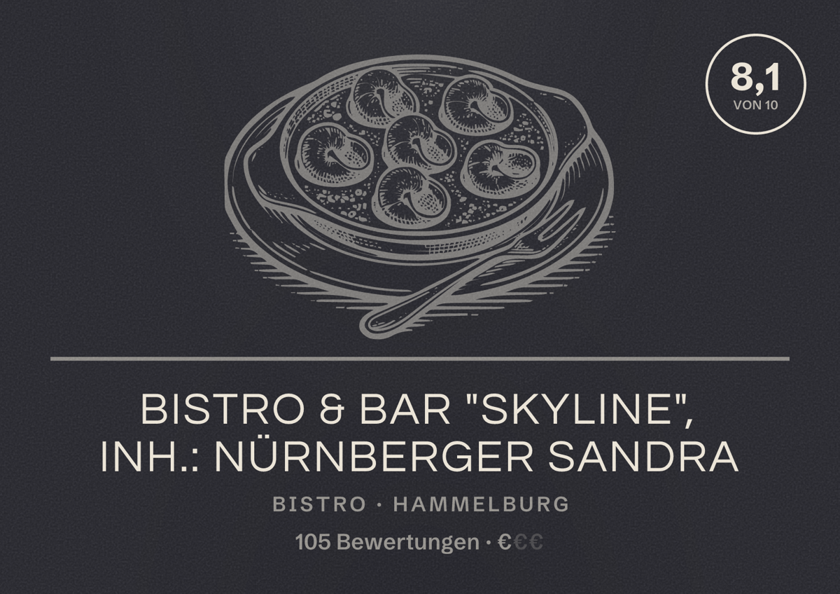 Illustriertes Poster von Bistro & Bar "Skyline", Inh.: Nürnberger Sandra, Bistro in Hammelburg: Bewertung 8,1 von 10 aus 105 Bewertungen, Preisniveau €