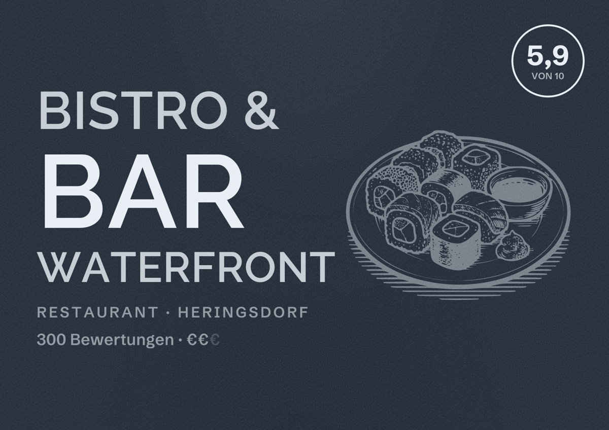 Illustriertes Poster von Bistro & Bar WATERFRONT, Restaurant in Heringsdorf: Bewertung 5,9 von 10 aus 300 Bewertungen, Preisniveau €€