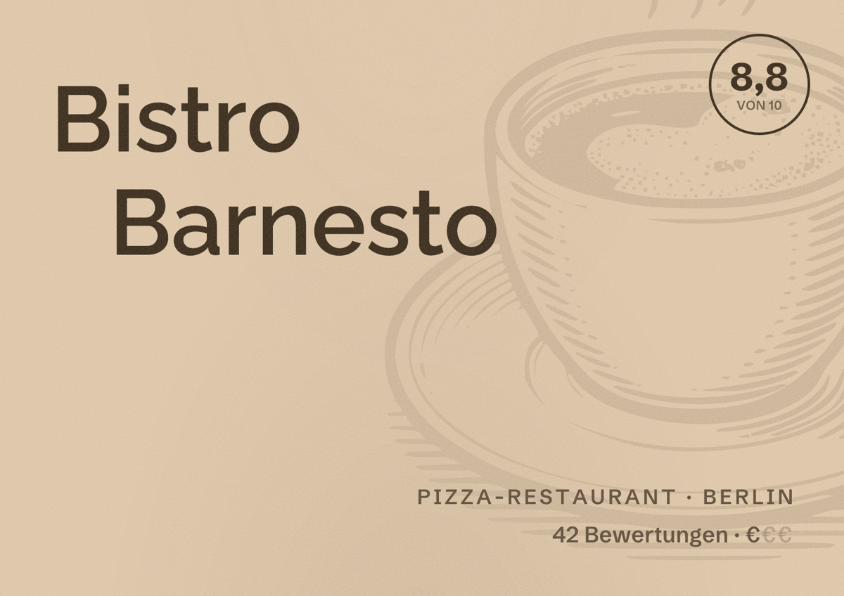 Illustriertes Poster von Bistro Barnesto, Pizza-Restaurant in Berlin: Bewertung 8,8 von 10 aus 42 Bewertungen, Preisniveau €