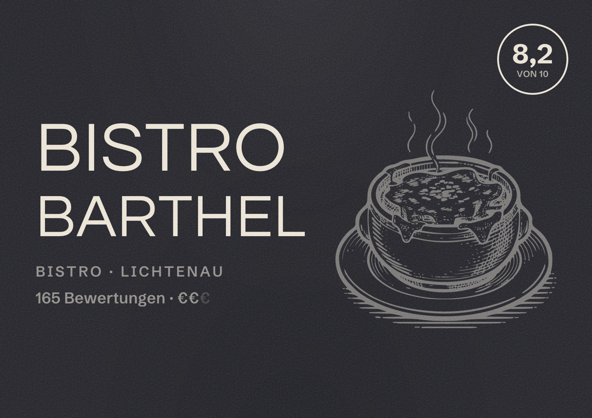 Illustriertes Poster von BISTRO BARTHEL, Bistro in Lichtenau: Bewertung 8,2 von 10 aus 165 Bewertungen, Preisniveau €€