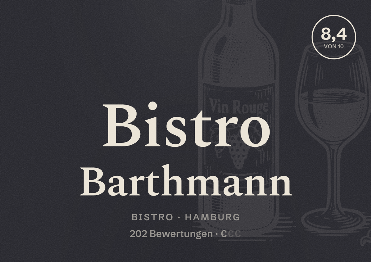 Illustriertes Poster von Bistro Barthmann, Bistro in Hamburg: Bewertung 8,4 von 10 aus 202 Bewertungen, Preisniveau €