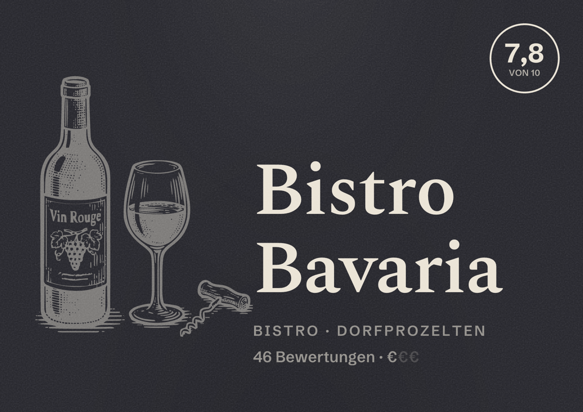 Illustriertes Poster von Bistro Bavaria, Bistro in Dorfprozelten: Bewertung 7,8 von 10 aus 46 Bewertungen, Preisniveau €