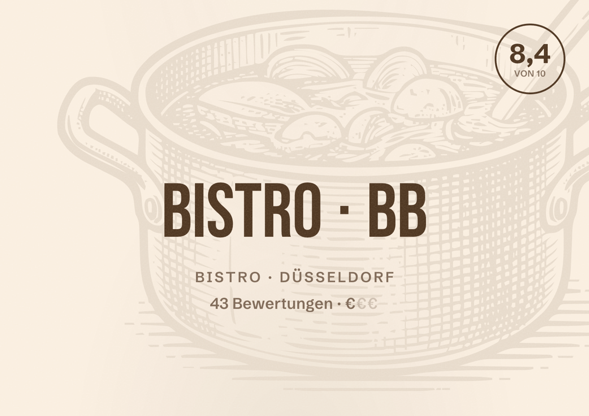 Illustriertes Poster von Bistro BB, Bistro in Düsseldorf: Bewertung 8,4 von 10 aus 43 Bewertungen, Preisniveau €