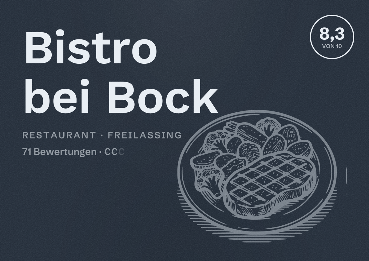 Illustriertes Poster von Bistro bei Bock, Restaurant in Freilassing: Bewertung 8,3 von 10 aus 71 Bewertungen, Preisniveau €€
