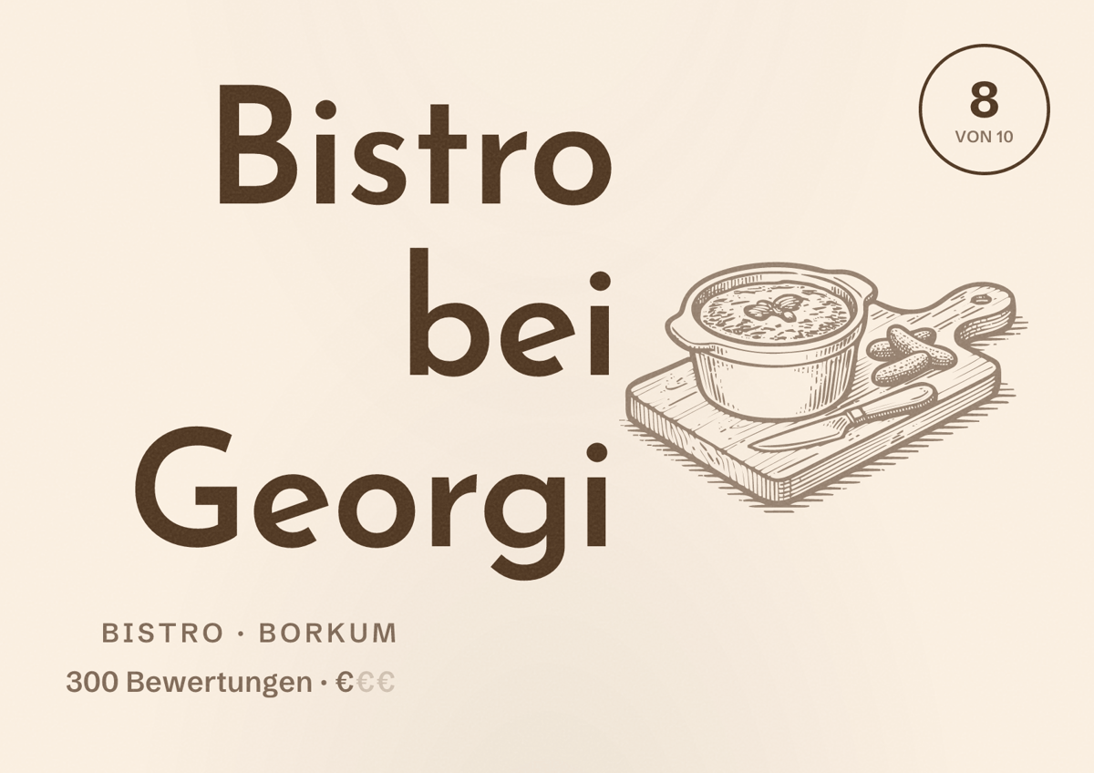 Illustriertes Poster von Bistro bei Georgi, Bistro in Borkum: Bewertung 8 von 10 aus 300 Bewertungen, Preisniveau €
