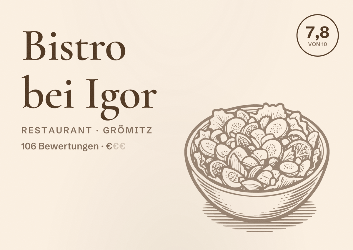 Illustriertes Poster von Bistro bei Igor, Restaurant in Grömitz: Bewertung 7,8 von 10 aus 106 Bewertungen, Preisniveau €