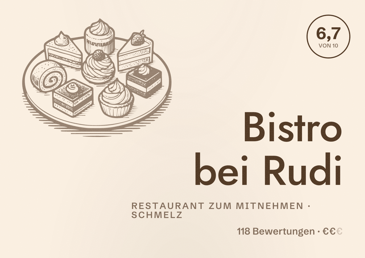 Illustriertes Poster von Bistro bei Rudi, Restaurant zum Mitnehmen in Schmelz: Bewertung 6,7 von 10 aus 118 Bewertungen, Preisniveau €€
